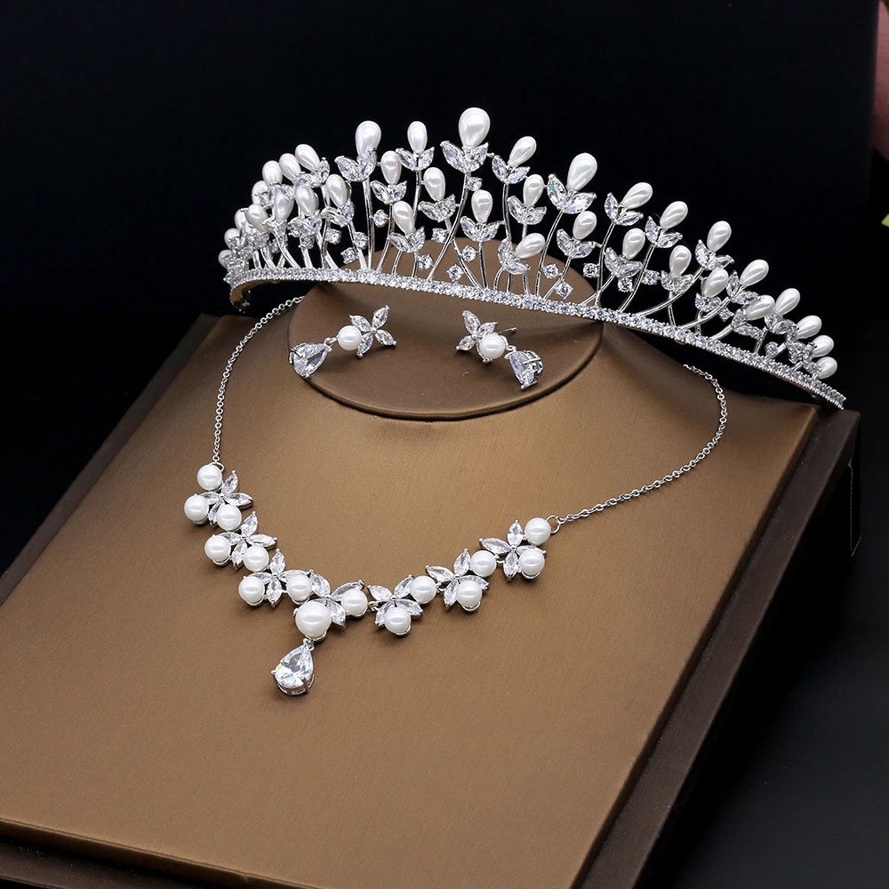 

Princess Zircon Stone Jewelry Sets Marquise Crown Tiara Bridal Wedding Ornaments Simulated Pearl Flower Necklace Earrings Gifts