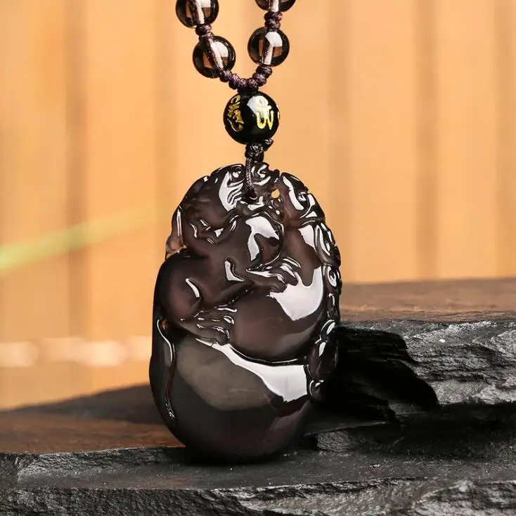 

Koraba Fine Jewelry Natural Obsidian Black Jade Agate Pendant Chinese Dragon Pixiu Calabash Pendant Free Shipping