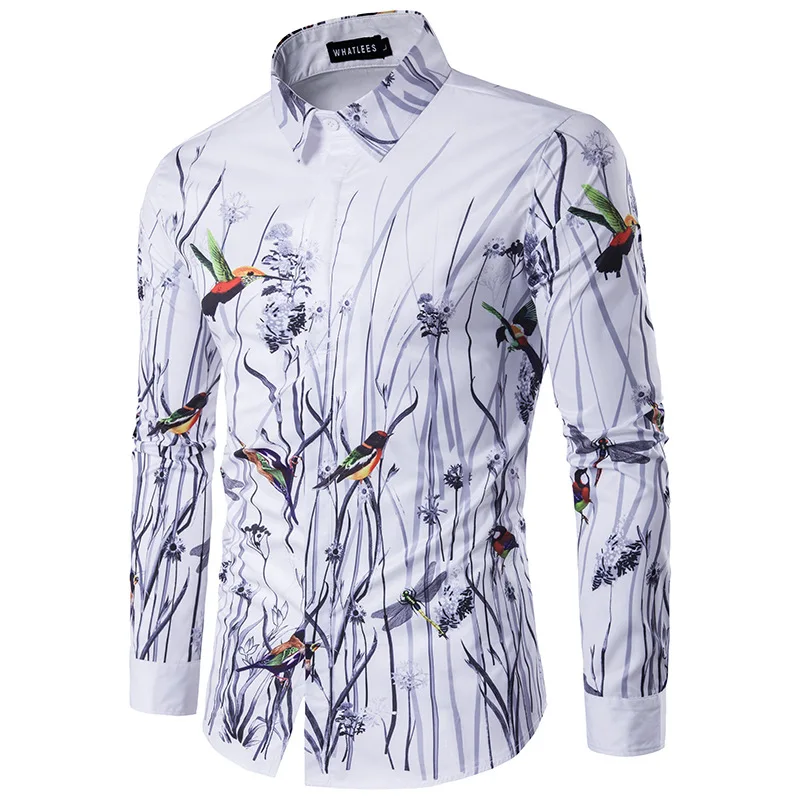 Весенняя Новинка, модная мужская рубашка с цветочным принтом и птицами, брендовая одежда, мужская рубашка с отворотом, мужские рубашки с длинным рукавом, повседневные рубашки