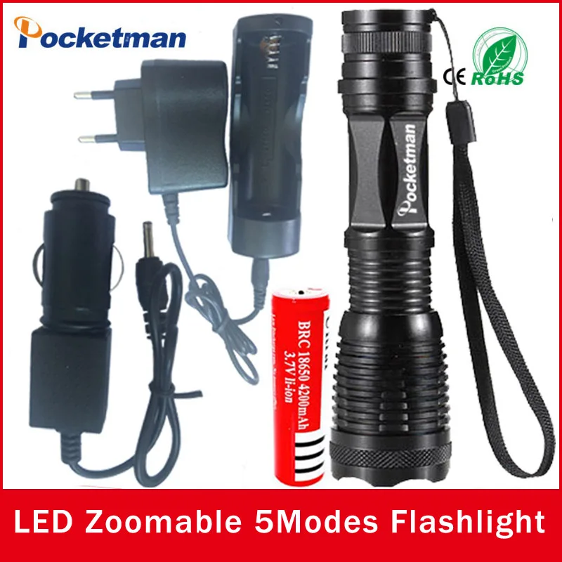 zk50 LED flashlight Focus lamp LED torch e17 CREE XM-L T6 4000 Lumens Zoomable lights + AC/Car Charger + 18650 battery
