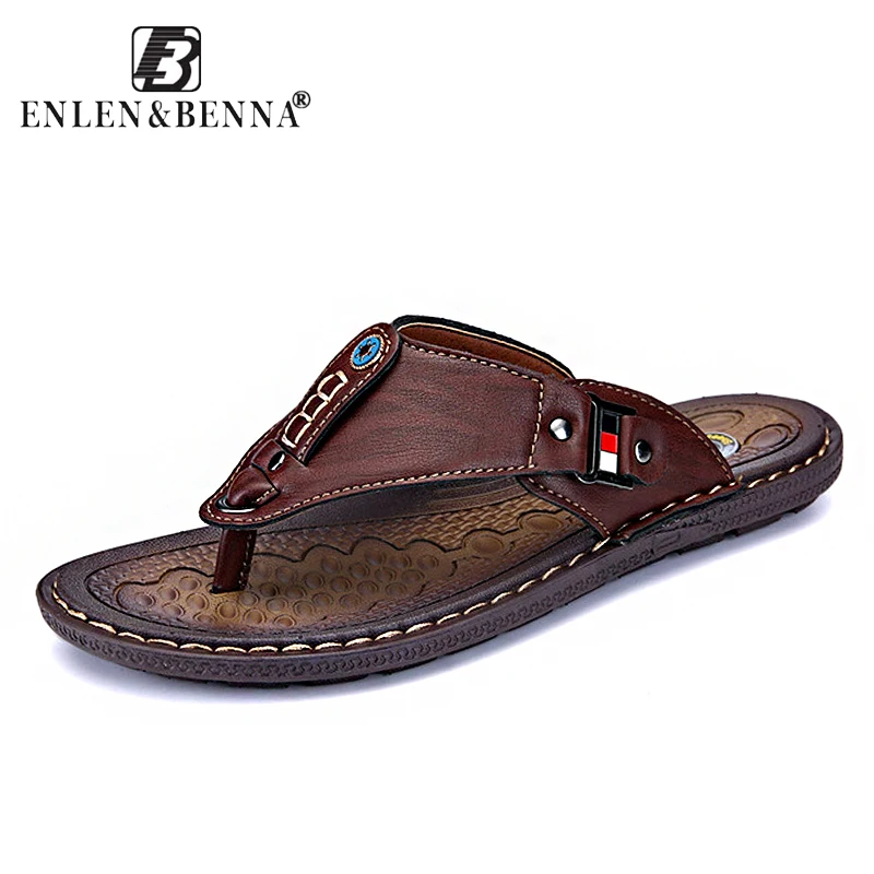 

2018 Brand Summer Beach Flip Flops Men Pu Leather Slippers Male Flats Sandals outdoor Rubber Thong Beach Shoes Men Leather New