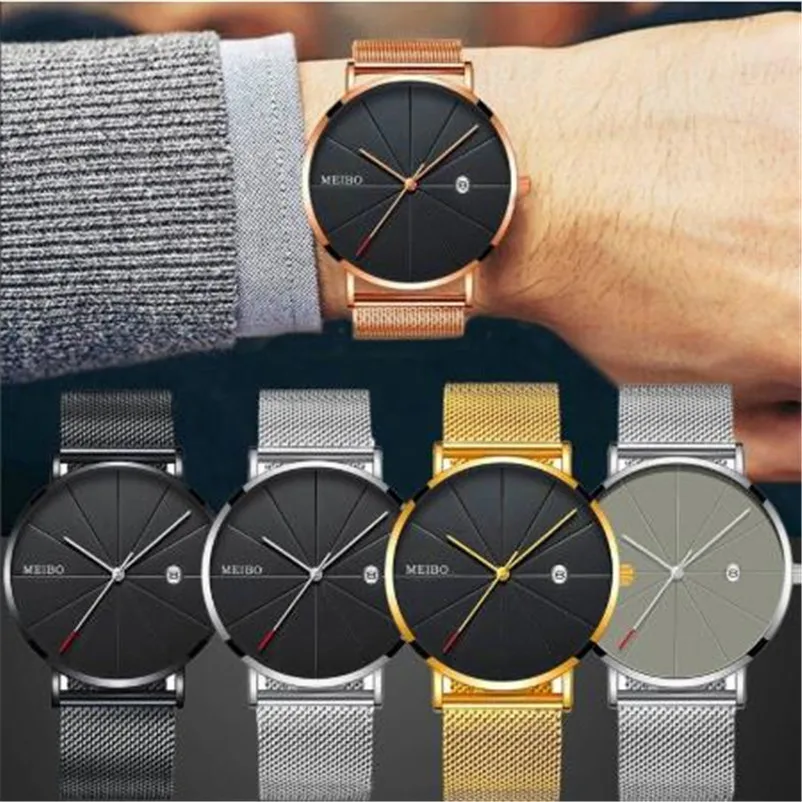 

MEIBO Mens Watches Casual Quartz Analog Stainless Steel New Strap Wrist Watch 2019 Simple Watches Dial Date Clock Relogio Mujer