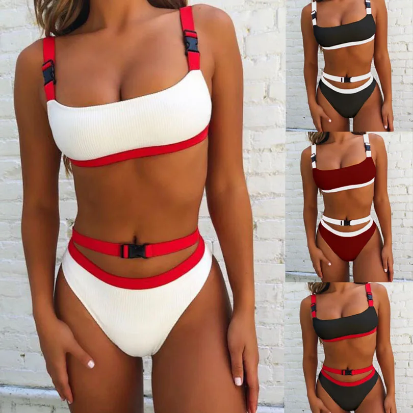 

Tube Top Bikini 2019 Women Buckle High Waist Contrast Color Padded Swimsuit Adjustable Bathers Beach Swimming Two Pieces