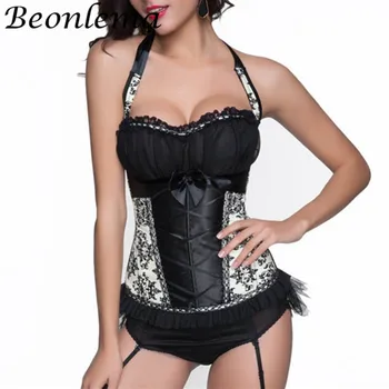 

Beonlema Women Retro Corset Sexy Lingerie Corsage Neck Strap Lace Bustier Corset Tops Back Lacing Up Corselet Royal Blue Korset