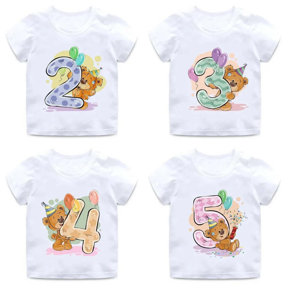 Garçons/filles anniversaire ours numéro 1-9 Bow imprimer T-shirt bébé dessin animé Winnie drôle T-shirt enfants cadeau d'anniversaire vêtements, HKP5237