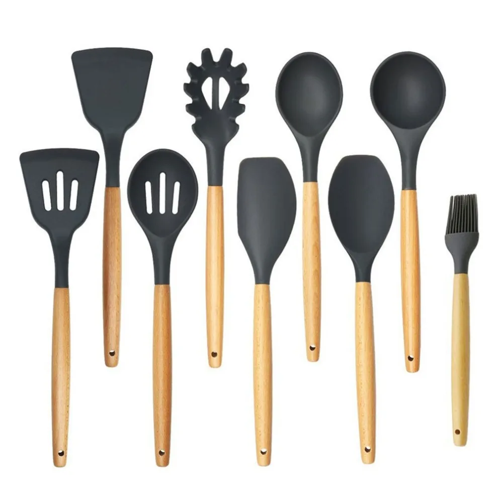 

Practical Silicone Cooking Tools Anti-Slip Wood Handle Kitchen Colander Spoon Butter Scraper Fried Shovel Kitchen Utensils