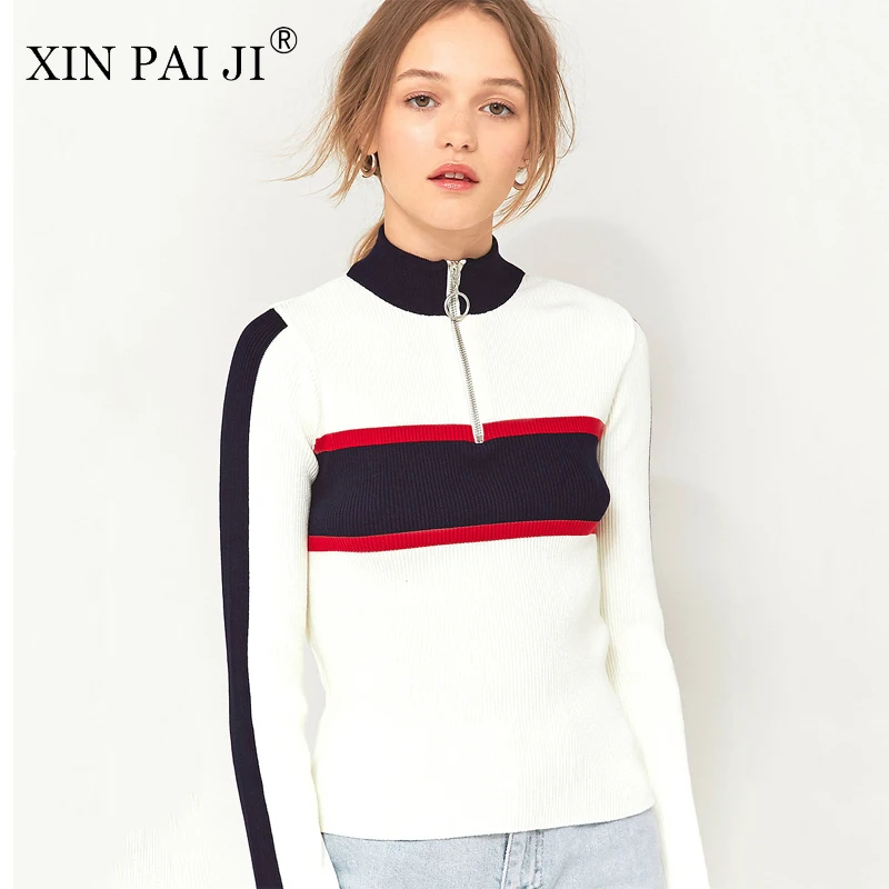 XIN PAI JI Мода 2017 Осень женский свитер дикий Досуг ветер хит цвет строчка водолазка