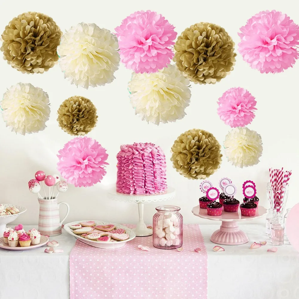 18PCS Mixed Gold Pink Ivory Tissue Pom Poms Paper Flower Pom Poms Girl