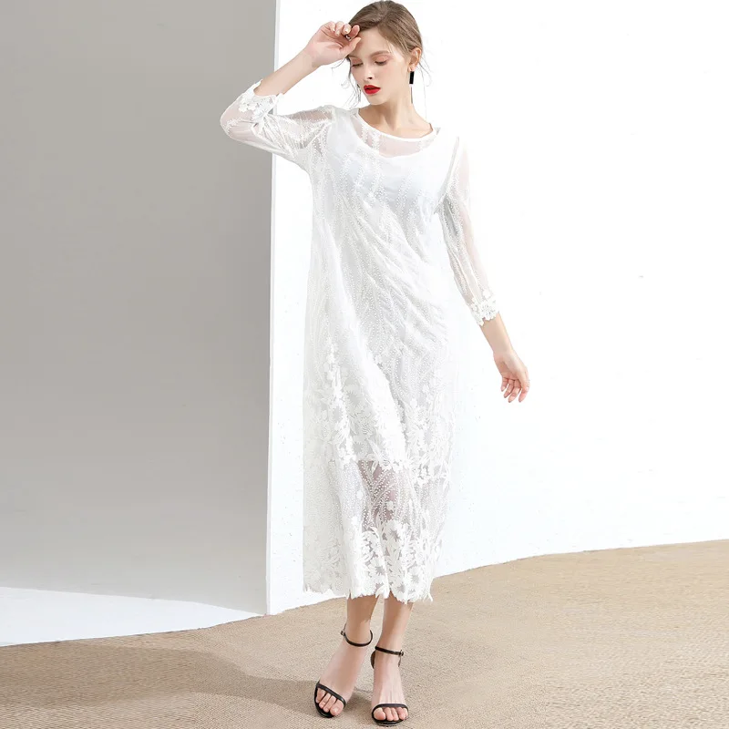 

Embroidery Mesh Silk Dress Summer White Ladies Long Dresses Elegant vestidos Women 2 Piece sukienka High Quality sukienki letnie