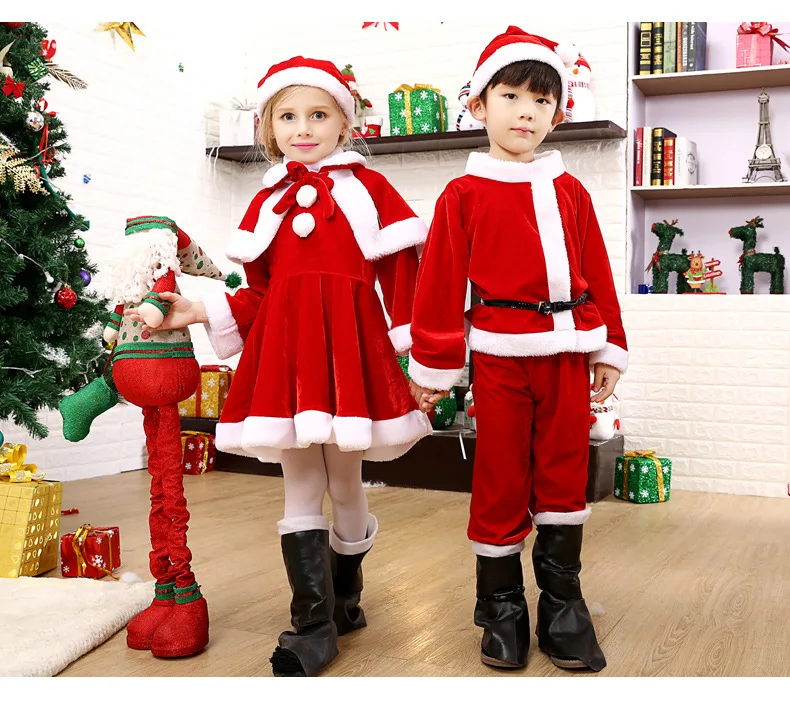 Детский Рождественский маскарадный костюм для мальчиков и девочек, Рождественская одежда для выступлений красный костюм Санта-Клауса+ рюкзак+ шапка, одежда