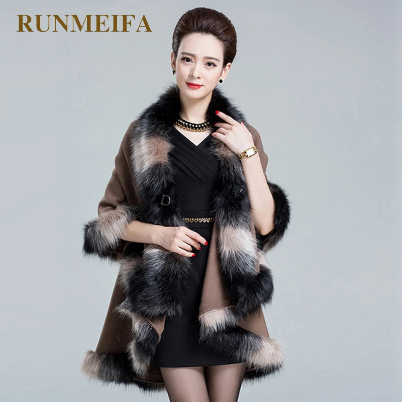 

Luxury 2019 Faux Fox Fur Poncho Coat Autumn Winter Knitted Cardigan Wool Cashmere Women's Capes and Ponchos thick blanket scarf