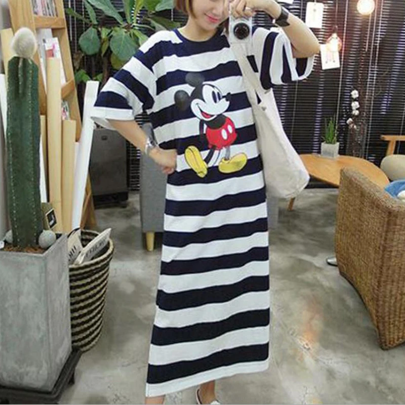 

2019 Plus Size Stirped Dress Fashion Clothing Mickey Mouse Cartoon Short Sleeve Casual Loose Party Club Long Summer Dresses
