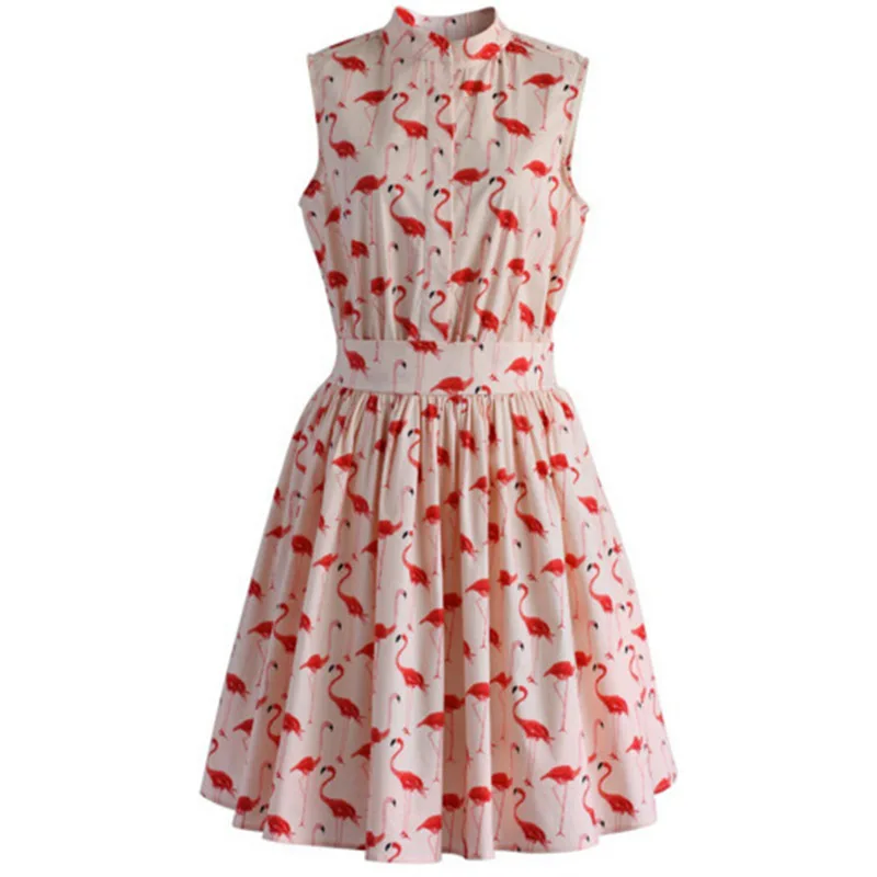 Women Flamingo Dresses 2018 Summer Sashes Flare Print Animal Feminine