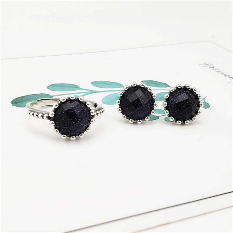 

100% Real 925 Sterling Silver Glitter Blue Onyx Stone Round Stud Earrings+Ring Women Vintage Jewelry Set Antique Silver S925 Set