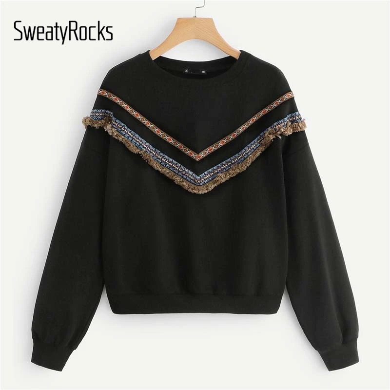  SweatyRocks Black Casual Embroidered Tape And Fringe Detail Sweatshirt Long Sleeve Pullovers Tops 2