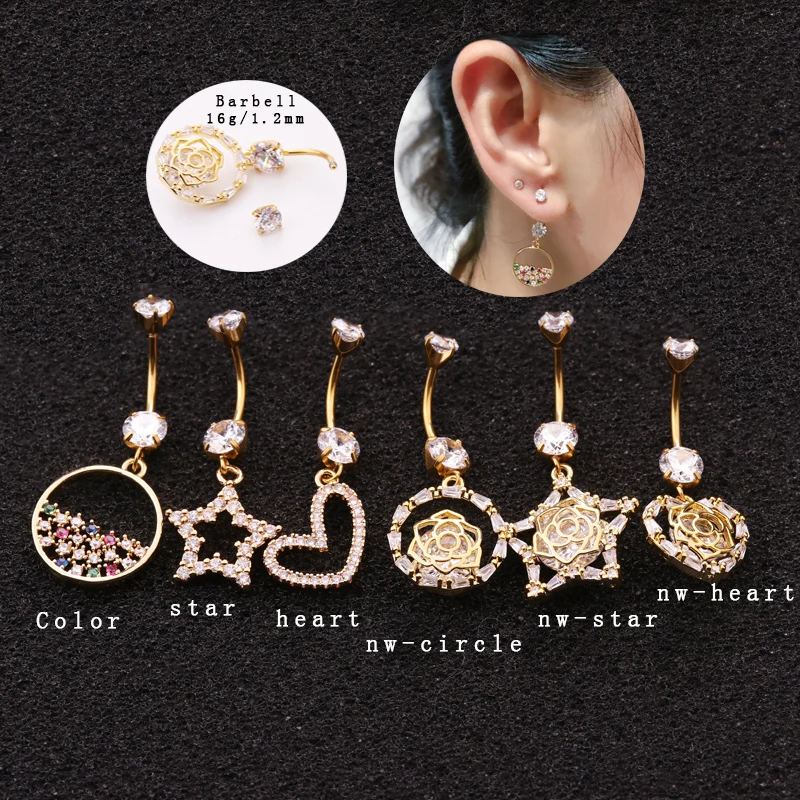 

Sellsets 1Piece 16g (1.2mm) Curved Steel Barbell Double Gem CZ Dangle Navel Belly Button Rings Sexy Body Jewelry Ear Piercing