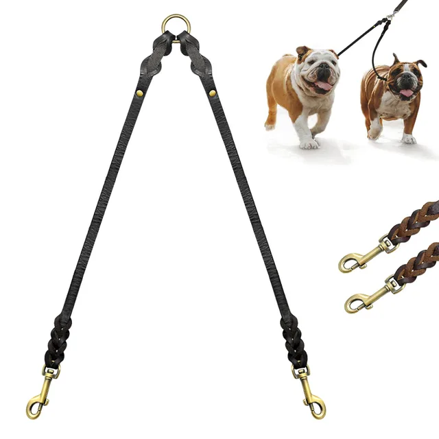 Buy Real Leather Dog Double Leashes Coupler 2 Way Dogs