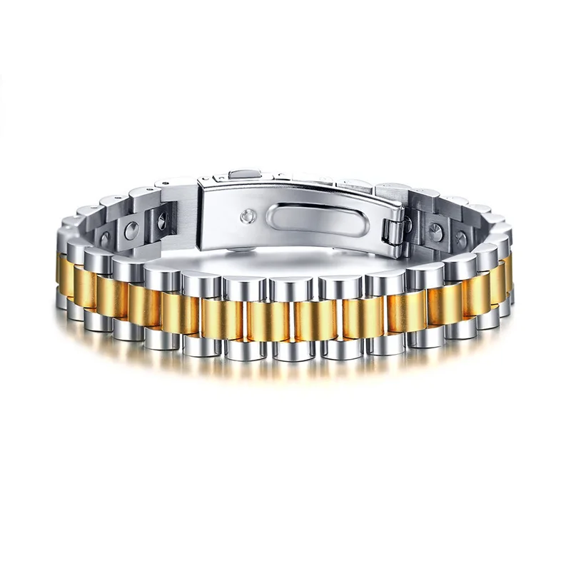

99.999% Pure Germanium Chip Watch-Style Magnetic Bracelet for Men Women Stainless Steel Two Tone Bangle Wristband Couples Jewels
