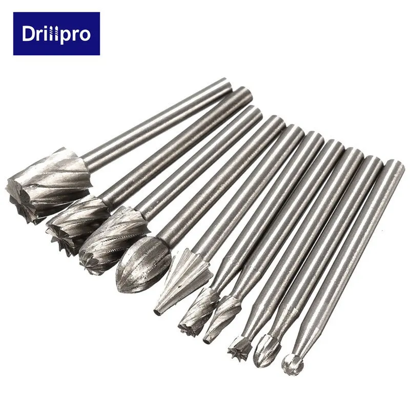 

Drillpro 10pcs HSS Router Bits Burr For Dremel and Rotary Engraving Woodworking Tool High Quality