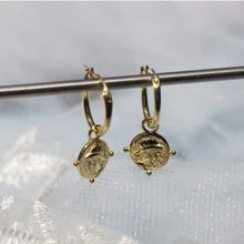 Pendiente de Plata de Ley 925 moda retro Moneda de Oro grabado círculo corto pendiente anillo de oreja personalidad salvaje joyería de oreja femenina(China)