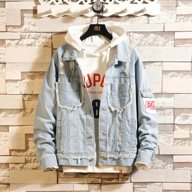 

Jean jacket in the spring of 2019 the new men's cultivate one's morality hole patches youth fashionable joker denim jacket