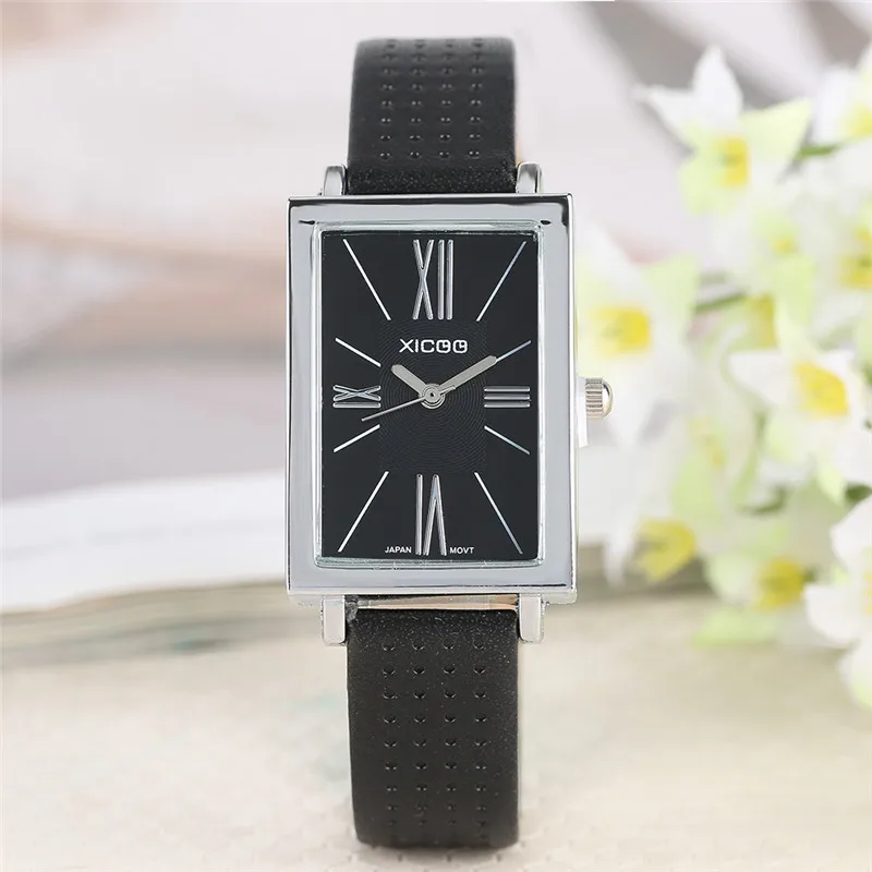 XICOO Fashion Women Small Rectangle Dial Wrist Watch Casual Genuine Leather Roman Numerals