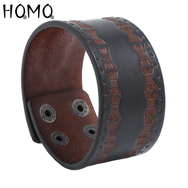 

HQMQ Fashion Men Leather Bracelet Open Cuff Rope Bangles & Bracelet Double Wide Black Brown Color Vintage Punk Men Jewelry