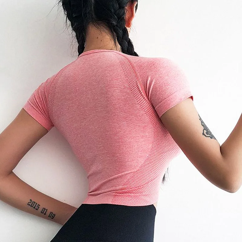 SALSPOR Women Yoga Shirts Seamless Sports T shirt Breathable Fitness Crop Top Running Elastic Tight O-neck Athletic Shirt F