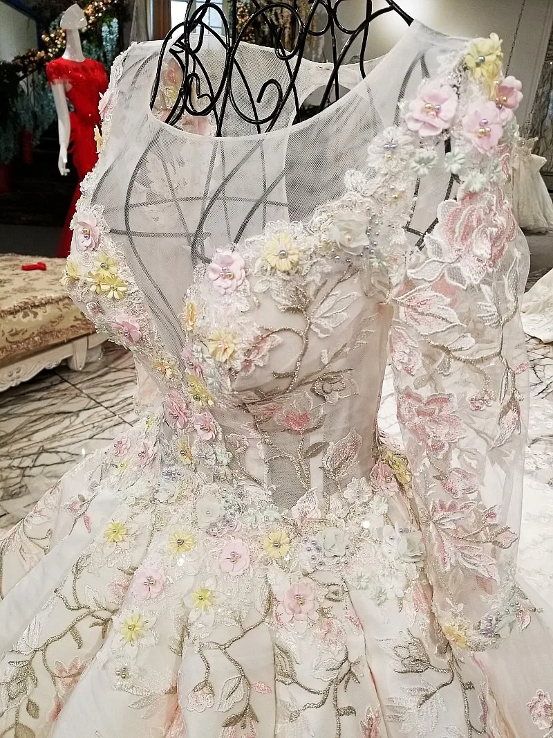 LS64221 свадебные платья шикарные длинные рукава открытые назад красочные розовые