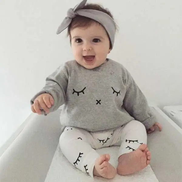 Baby Shirts Bodysuit Set Eyelash Print Newborn Baby Boys Girls Clothes Tops T shirt + Long Pants Outfits 88 NSV775