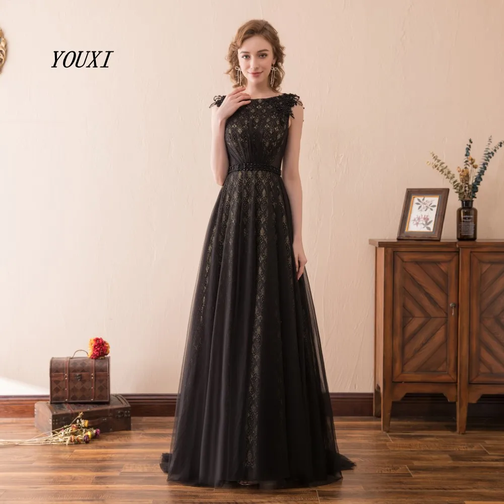 

Elegant Black Evening Dresses 2019 Scoop Neck Lace and Tulle Woman Long Prom Dresses Floor Length Long Evening Gowns