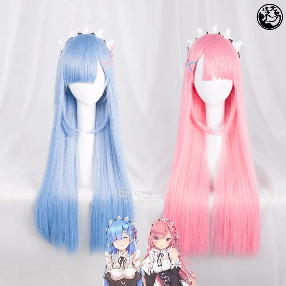 

Re:Life in a different world from zero Cosplay Wig Ram Rem Pink Blue 80cm Long Straight Synthetic Hair for Adult
