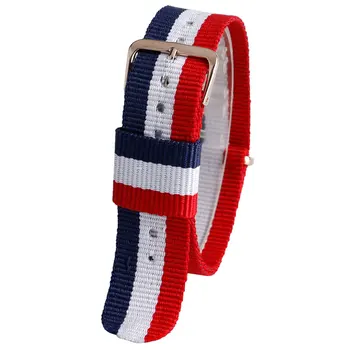 

20 mm Wrist Band Watch Strap Fabric Nylon Canvas Bracelet Women Men Replacement Watchband Stripe Blue+Red+White