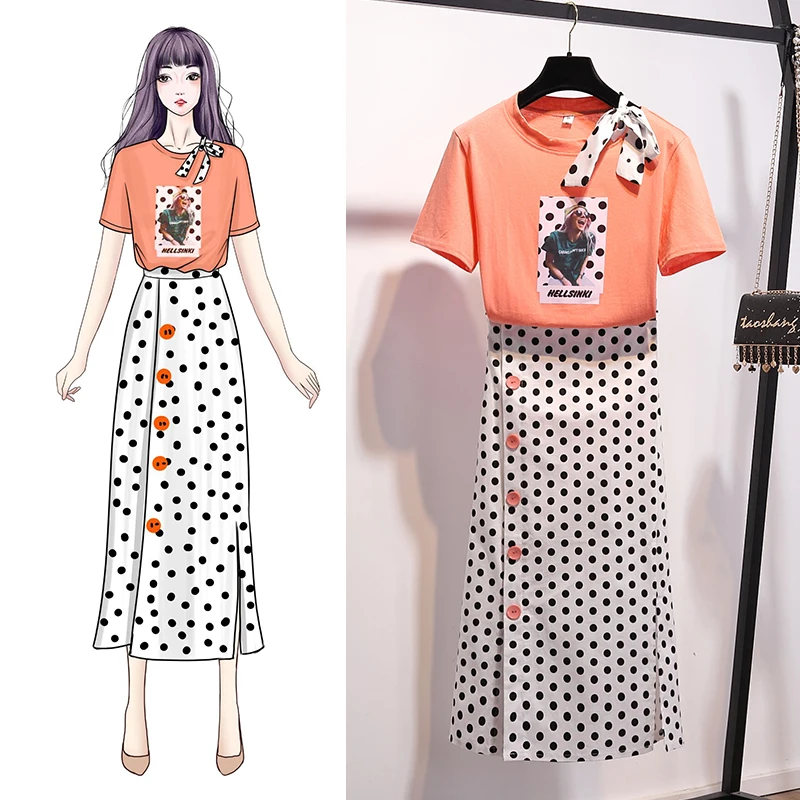 

MUMUZI summer 2 Piece Set Women polka dot Printed tshirt+skirts set short Sleeve tee tops and long skirt Outfits for women