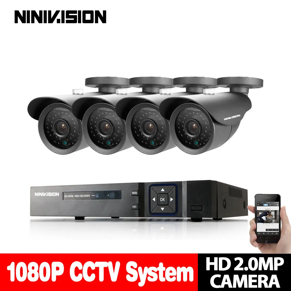 Черный NINIVISION 8CH CCTV Системы 8CH AHD CCTV DVR 2 ТБ HDD 4 шт. 2,0 МП безопасности Камера 36 шт. ИК светодиоды CCTV Камера наблюдения Системы - Цвет: Черный