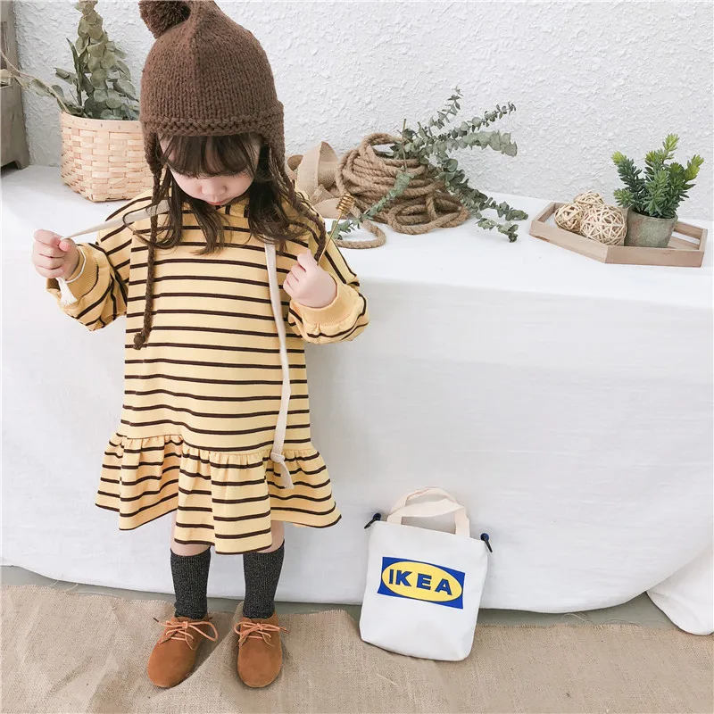 

2018 Autumn Children Girl Striped Loose Casual Dresses Baby Kids Long Sleeve with Cap Hooded Dress Children Cotton Clothes
