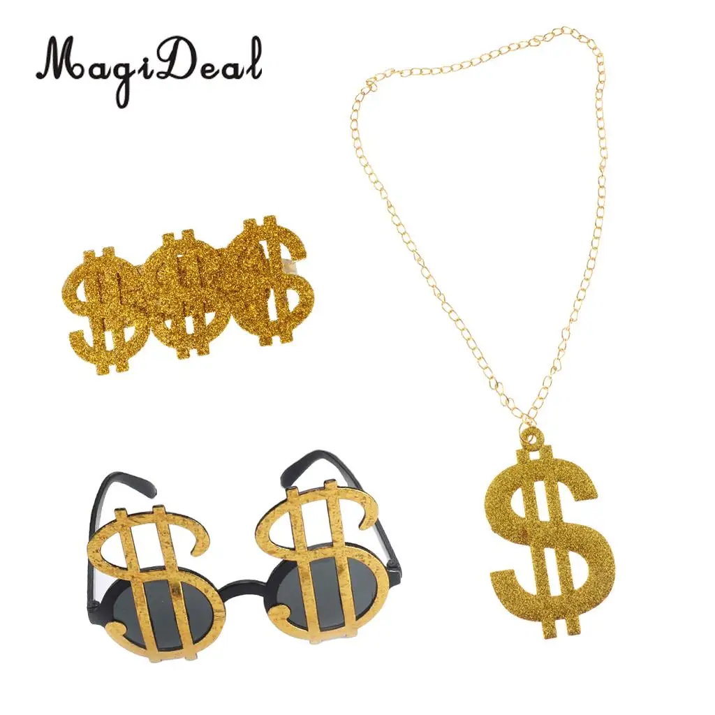 MagiDeal Set of 3pcs Glitter USD Dollar Signs Eye Glasses Ring Necklace 70s 80s Rapper Big Daddy Costume Dress up Jewelry Props