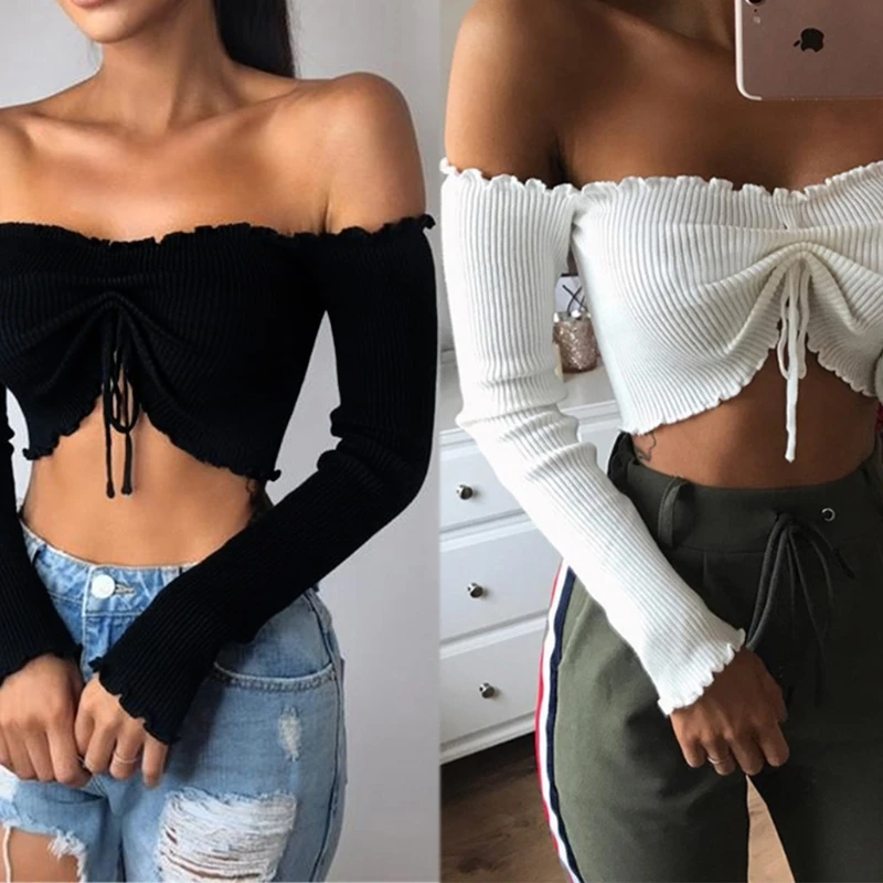 

Women Sexy knitwear Long Sleeve Off Shouder knitted Frill Bandage sweater Crop Tops Straper Lace Up Shirt