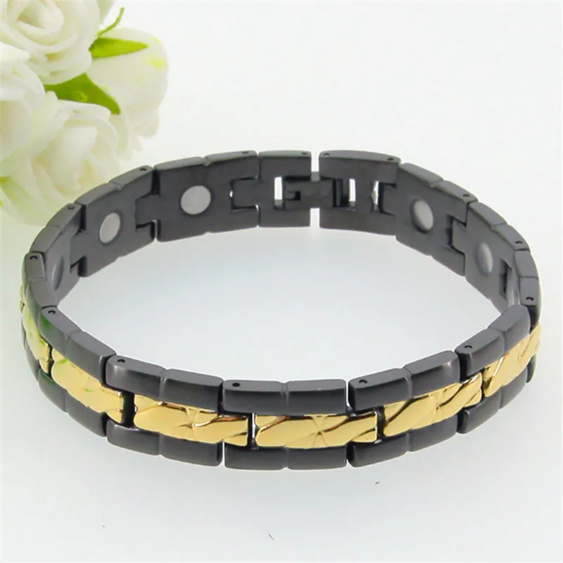 

2018 New Arrival Gold Black Causal Magnet Male Braclet Health Care Power Men Bracelet Free Laser Name Magnetic Wristband