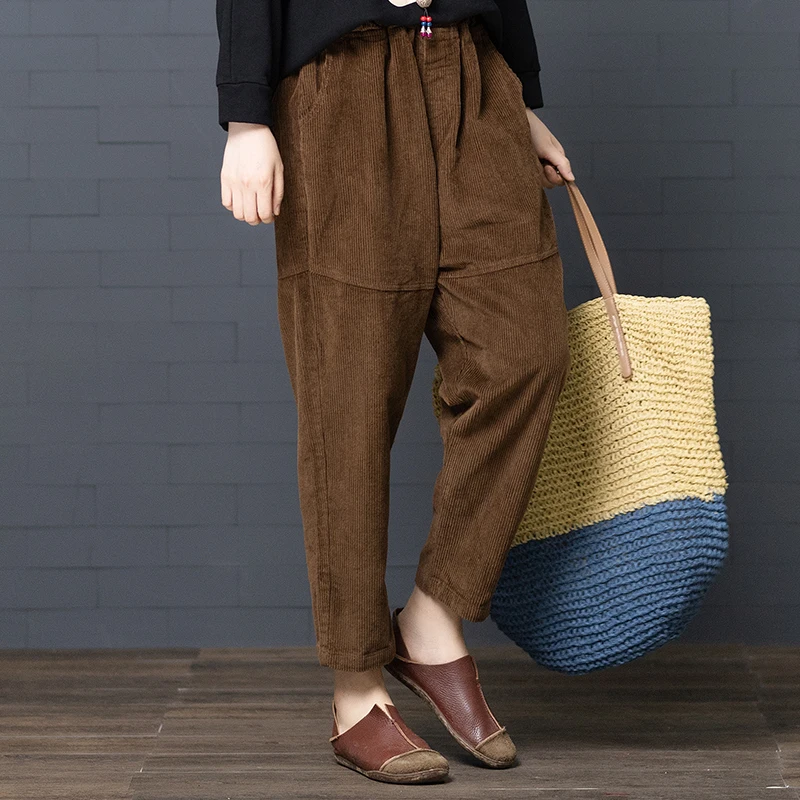 Khaki,Black Lady Corduroy Pants New Spring Autumn Women Elastic Waist Harem Pants with Pockets