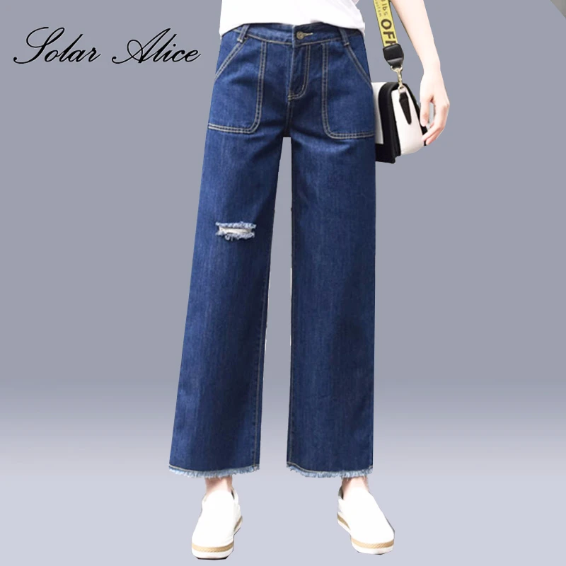

SOLAR ALICE 2019 Free Shipping Washed Women Jeans Tassel Ripped Big Pockets Wide Leg Pants Button Plus Size Loose Female Jeans