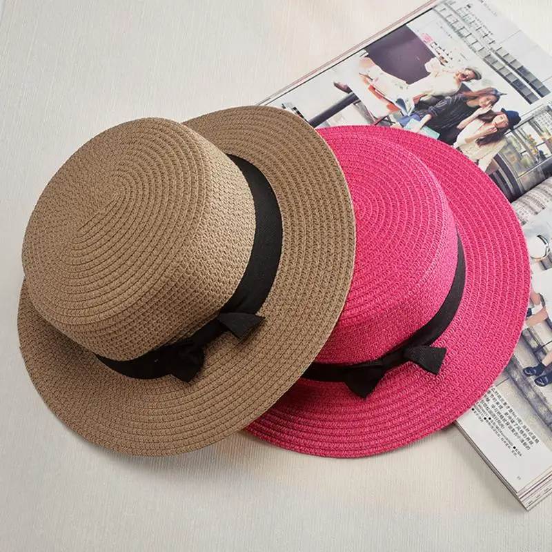 Новые модные солнцезащитные плоский соломенная шляпа канотье шляпа с бантом для девочек Летняя Шапки для Для женщин пляжные Соломенная