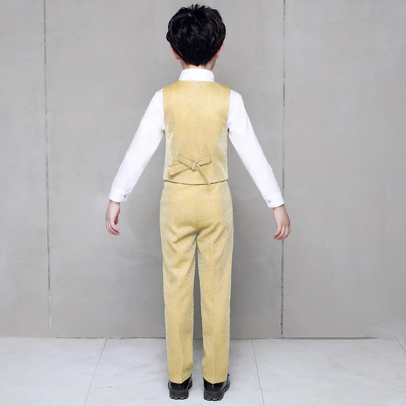 Flower Boy Wedding Dress Suit Sets Children Gold 3Pcs Catwalk Piano Costume Kids Blazer Vest Pants Shirts Clothes Sets