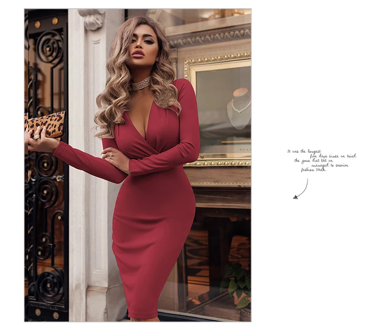Autumn Sexy Dress Women Empire V Neck Sheath Long Sleeve Knee Length Bodycon Dresses Plus Size Woman Party Vestidos Mujer 2018 (6)