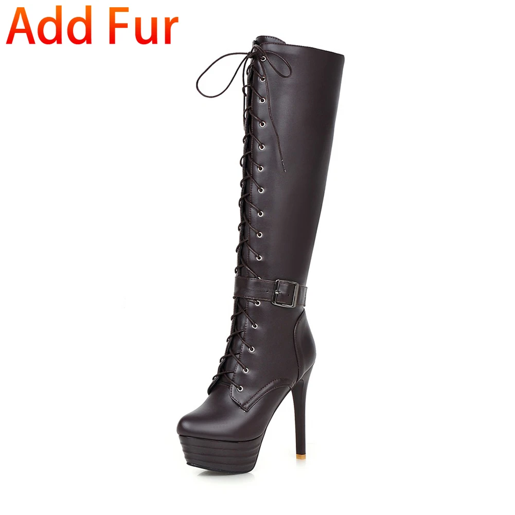 BONJOMARISA/большой размер 31-45, ботинки в байкерском стиле на очень высоком каблуке 13 см со шнуровкой г. Модная женская обувь на высокой платформе - Цвет: brown add thick fur