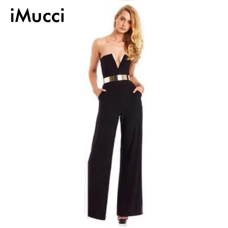 Black White Women's Strapless Flare Bodysuit Overalls Slim Pants Deep V