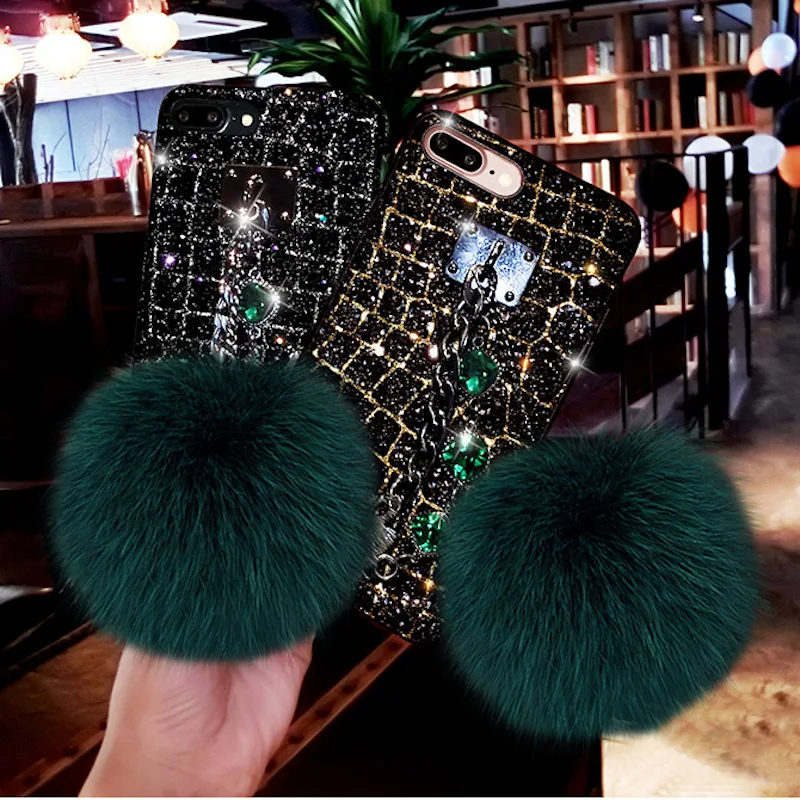 

For Samsung galaxy s8 s9 s10 plus note 8 9 Luxury Glitter Diamond Bracelet chain Fox soft pompom fur ball bling phone case cover