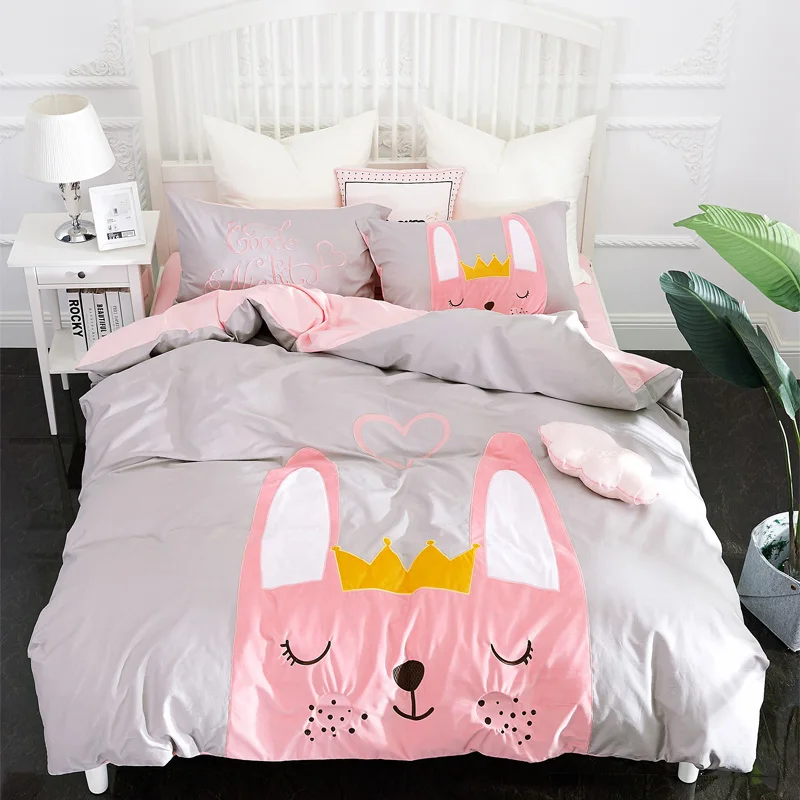 

Papa&Mima Pink Kids rabbit Embroided Bedding Sets 4pcs Double Queen King Size Bedclothes 100%Cotton Bed sheet set Pillowcases