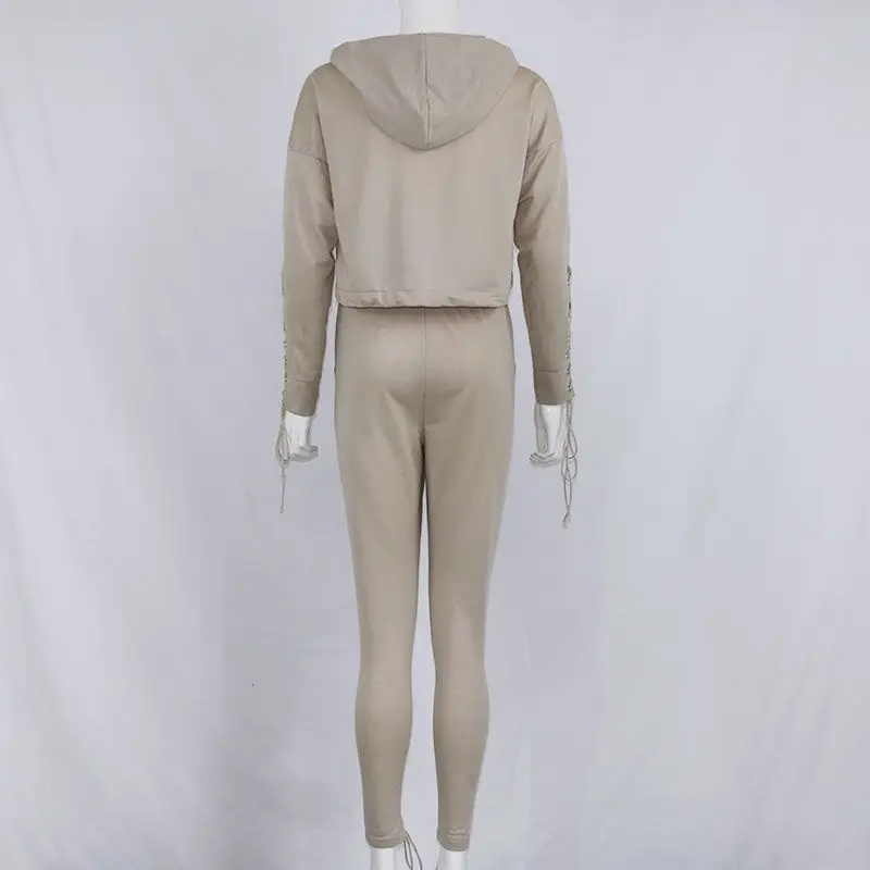 OMSJ, осенне-зимний бандажный комплект из двух предметов, Женский однотонный повседневный костюм на шнуровке, женская одежда, укороченная толстовка, топ и штаны, спортивный костюм