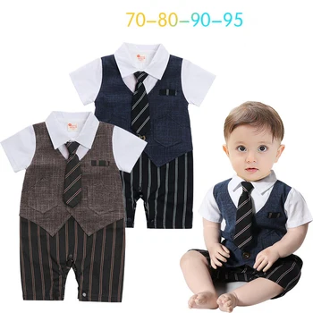 

Summer Short Sleeve Baby Romper Toddler Jumpsuit Striped Gentleman Boy Suits England Style Tie Tuexdos 100 Days Costume for Baby